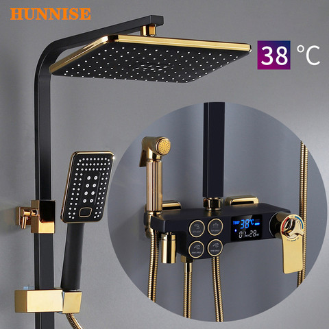 Ensemble de douche numérique de luxe en or noir système de douche thermostatique pluie Spa pomme de douche en laiton robinet de baignoire ensemble de douche numérique ► Photo 1/6