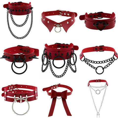 Punk métal gland pendentif rouge en cuir PU collier ras du cou Sexy à pointes cou sangle clavicule hommes colliers pour femmes gothique bijoux ► Photo 1/6