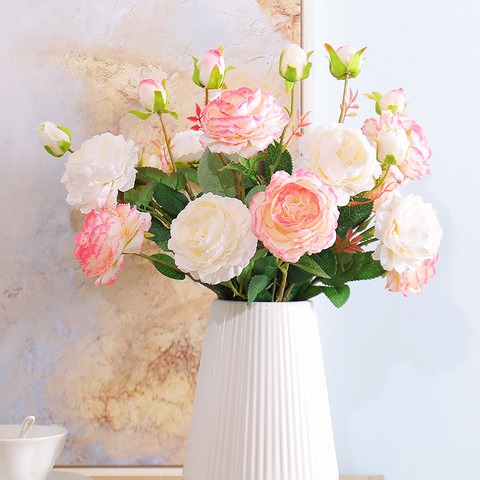 3 fourchettes fleurs artificielles roses blanches pivoine pour la décoration de la maison fleurs en soie Faux flor fête mariage mariage mariée fausse fleur ► Photo 1/6