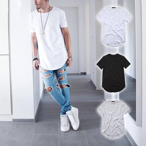 Hommes T-Shirt étendu Streetwear T-Shirt hommes vêtements ourlet incurvé longue ligne hauts Swag Hip Hop urbain blanc TX135-R ► Photo 1/6