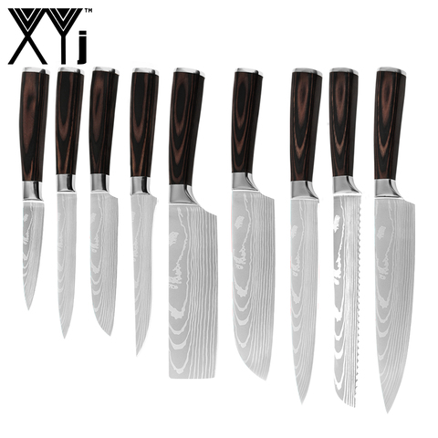 XYj couteaux de cuisine à lame en acier inoxydable 7cr17, ensemble de couteaux de cuisine à motif damas, pain de Chef, Santoku, outils utilitaires pour trancher et désosser ► Photo 1/6