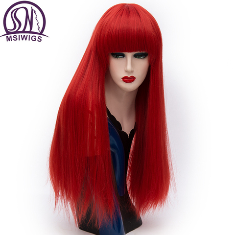 Msiwig-perruque de Cosplay synthétique avec frange longue et lisse, rouge en Fiber naturelle résistante à la chaleur, blanche violette verte brune, pour femmes ► Photo 1/6