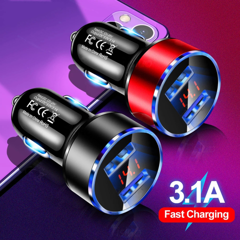 Chargeur universel de voiture à affichage LED 3.1A, double USB, en aluminium, pour téléphone portable, pour Huawei, Xiaomi, Samsung, iPhone 11 Pro Max ► Photo 1/6