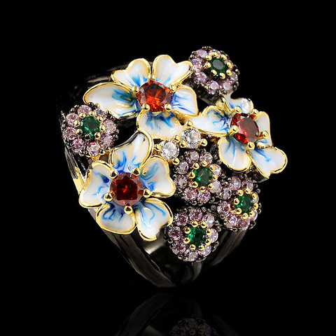 Nouveau magnifique dames 925 argent noir or bague couleur fleur anneau Zircon bijoux à la main émail exagéré fleur anneau ► Photo 1/5