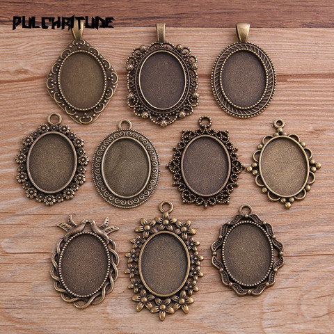 10 pièces 18*25mm taille intérieure 10 Style Antique Bronze métal alliage Simple ovale Cabochon pendentif réglage bijoux résultats ► Photo 1/6