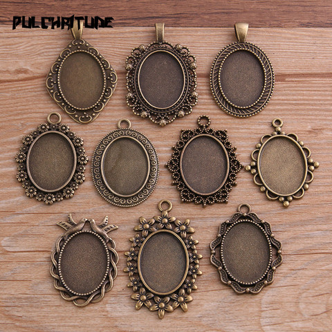 10 pièces 18*25mm taille intérieure 10 Style Antique Bronze métal alliage Simple ovale Cabochon pendentif réglage bijoux résultats ► Photo 1/6