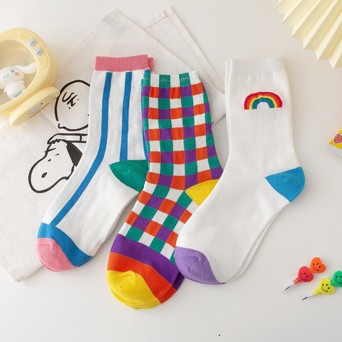 Chaussettes en coton pour femmes de Style Harajuku et japonaises avec grille, B90201 ► Photo 1/6