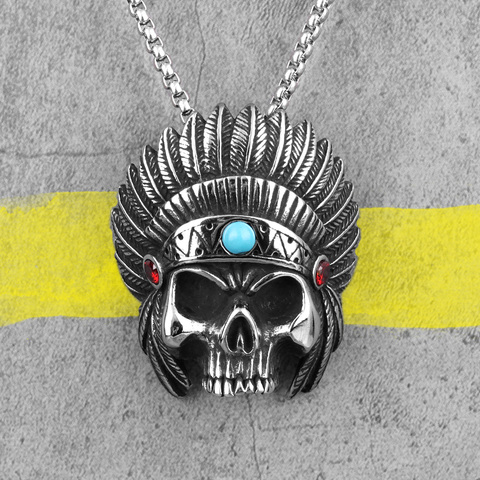 Collier tête de mort indien pour hommes, Long, pendentif Punk, chaîne, petit ami, en acier inoxydable, bijoux, cadeau créatif, vente en gros ► Photo 1/6