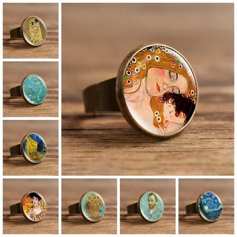 Anneau Photo en verre Kiss Klimt, de nuit étoilé, dôme, Art de la Photo, bijoux artisanaux, bague de taille ajustable, cadeaux pour femmes et filles ► Photo 1/6