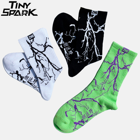 Chaussettes d'équipage Hip Hop pour hommes | Streetwear Harakuju, chaussettes en coton Hipster à la mode, chaussettes imprimées éclairs, noir blanc vert ► Photo 1/6