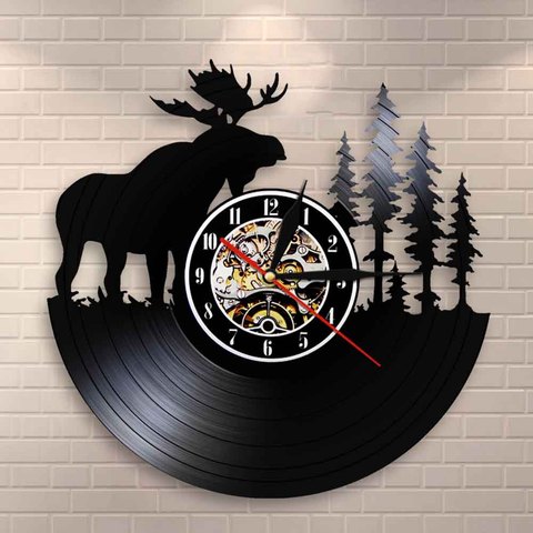 Horloge murale rétro en vinyle, décor de cerf en bois, horloge murale de chasse, idée de cadeau ► Photo 1/6