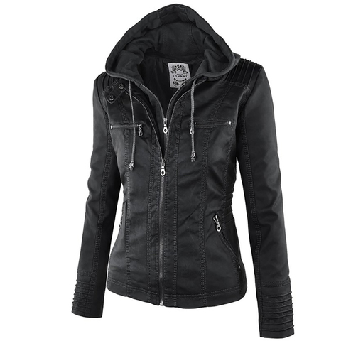 2022 mode hiver veste en Faux cuir femmes vestes de base à capuche noir Slim moto veste femmes manteaux femme XS-7XL 50 ► Photo 1/6