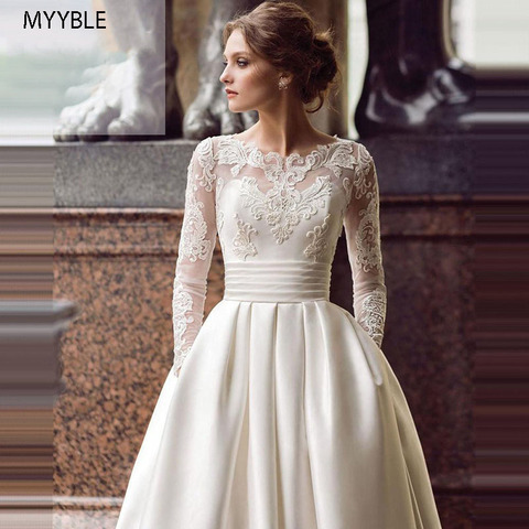 MYYBLE – robe de mariée à manches longues, en satin, à la mode, avec appliques de ligne a, avec poches, 2022 ► Photo 1/6