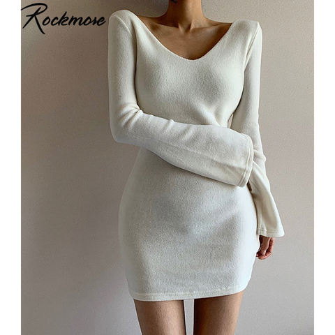 Rockmore profonde col en v Sexy Mini robe femmes maigre manches longues évasées au-dessus du genou robes Streetwear solide Pure robe de base fête ► Photo 1/6