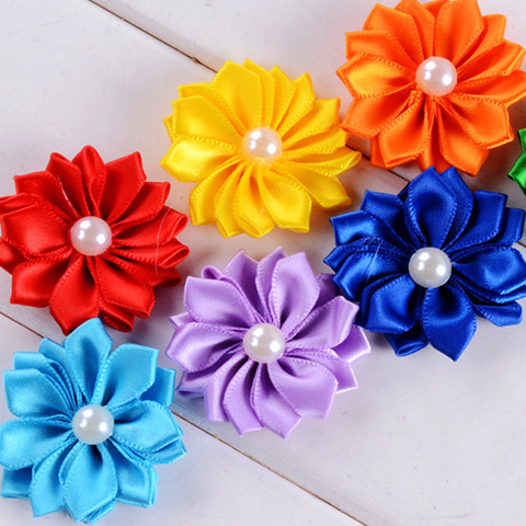 Nishine – ruban de Rosette en Satin, 1.6 pouces, 10 pièces/lot, 16 pétales, fleurs avec bouton perle, utilisé pour les Clips de bandeau, accessoires pour cheveux, Diy ► Photo 1/6