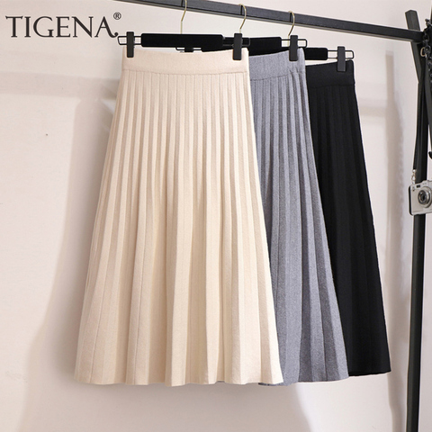 TIGENA – jupe Midi plissée tricotée pour femmes, élégante, longueur aux genoux, style coréen, taille haute, collection automne hiver 2022 ► Photo 1/6