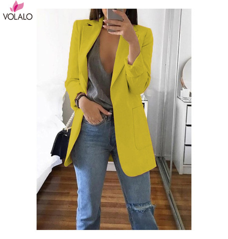 Blazer Long pour femmes, décontracté, bureau, blanc, noir, bleu, rouge, jaune, rose, Orange, grande taille ► Photo 1/1