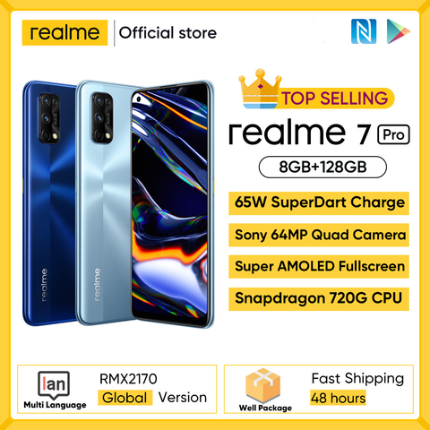 Realme 7 Pro Version mondiale Smartphone 65W Charge rapide empreinte digitale déverrouiller plein écran téléphone mobile Snapgragon 720G jeu téléphone portable ► Photo 1/6