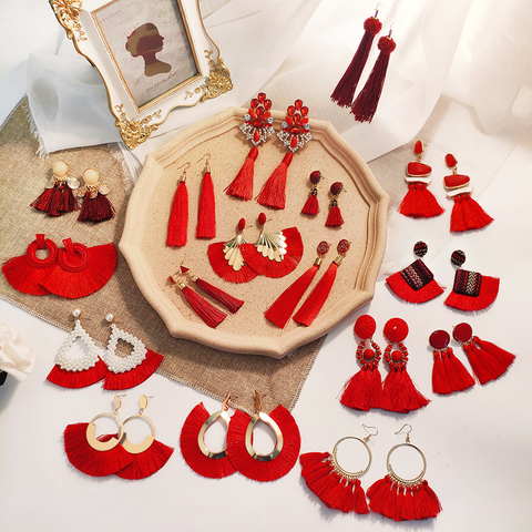 BLINLA-boucles d'oreilles bohémiennes pour femmes, tendance, avec un grand pompon, boucles d'oreilles rouges, pendentifs de mariage, bijoux Vintage, collection 2022 ► Photo 1/6