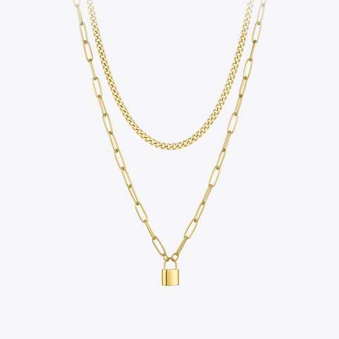 ENFASHION serrure pendentif collier femmes couleur or acier inoxydable Double chaîne colliers 2022 noël mode bijoux P203141 ► Photo 1/6