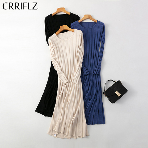 Robe tricotée plissée à col rond pour femme, moulante, longueur aux genoux, couleur unie, tenue de bureau, nouvelle collection automne hiver 2022, CRRIFLZ ► Photo 1/6