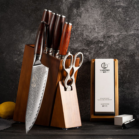 YARENH – ensemble de 8 couteaux de cuisine avec bloc, 73 couches, en acier damas, avec manche en bois de Dalbergia ► Photo 1/6