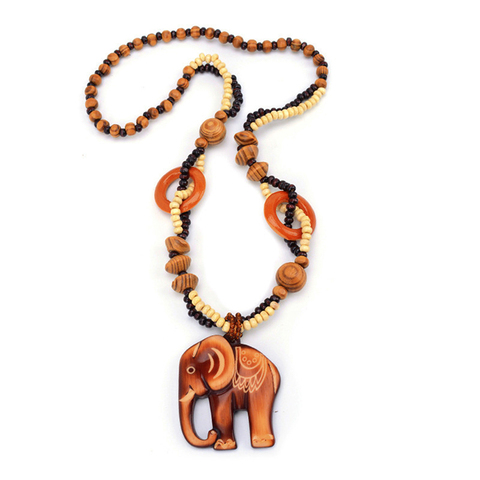 Collier Long Style ethnique pour femmes, bijoux Boho, fait à la main, perle en bois, pendentif éléphant, prix correct ► Photo 1/5