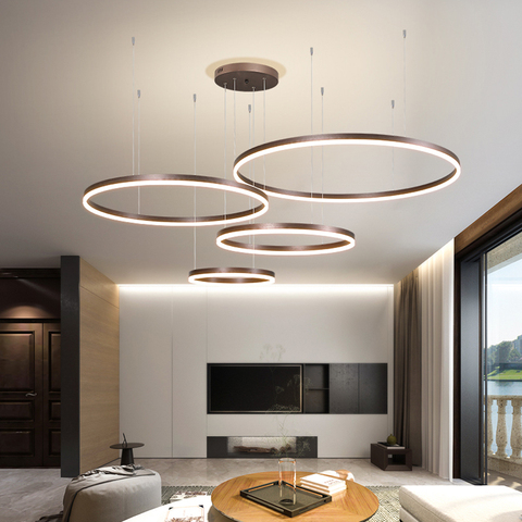 Plafonnier Led suspendu avec anneaux brossés, design moderne, couleur or et café, éclairage d'intérieur, luminaire de plafond, modèle 2022 ► Photo 1/6