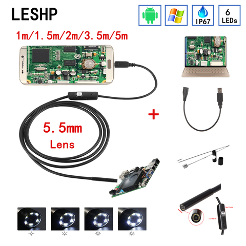 5.5mm Endoscope USB Mini caméra Flexible IP67 étanche Micro caméra Endoscope d'inspection USB pour Android 6 LED réglable ► Photo 1/6