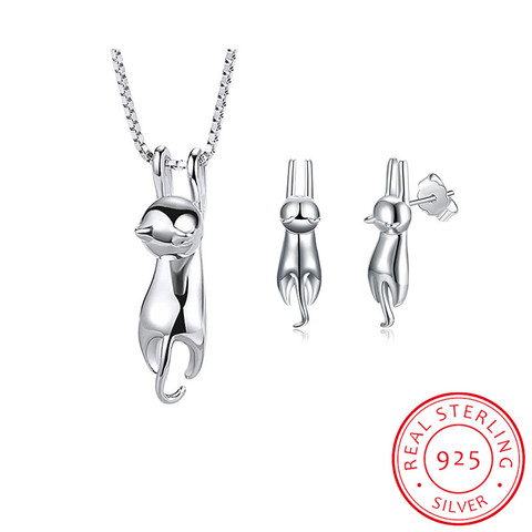 Ensembles de bijoux de mariée de mariage pour les femmes 925 en argent Sterling mignon chat boucles d'oreilles longue chaîne colliers pendentif cadeaux de fête ► Photo 1/6