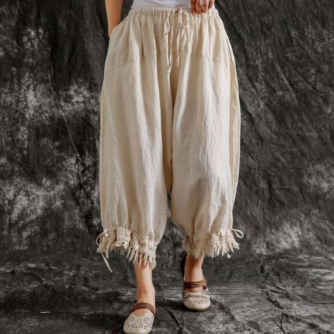 Johnature nouveau décontracté Vintage coton lin grande taille cheville longueur Harem pantalon 2022 été couleur unie gland poches femmes pantalon ► Photo 1/6