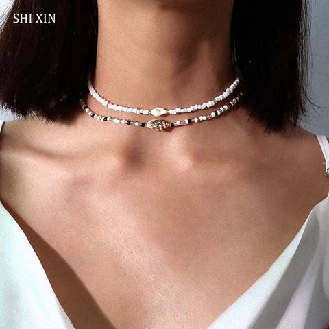 SHIXIN – collier de perles blanches/noires à 2 niveaux séparables, petit collier ras du cou en coquillage de conque perlé coréen pour femmes, à la mode ► Photo 1/6