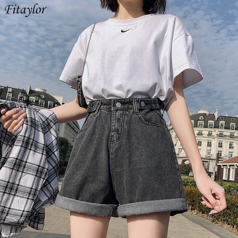 FTLZZ-short en jean pour femme, coupe ample, nouvelle collection été, taille haute, bouton, jambe droite, bouton, Denim bleu, collection décontracté ► Photo 1/6