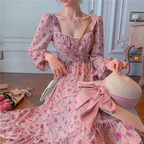 Robe Midi en mousseline de soie pour femme, tenue élégante, imprimé Floral, rose, tenue de soirée, décontractée, coréenne, collection automne 2022 ► Photo 1/6