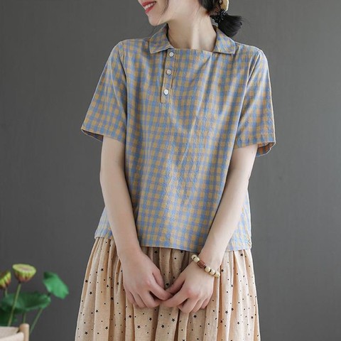 Chemisier Vintage à col rabattu pour femme, chemise à carreaux décontractée, de haute qualité, nouveau Style coréen, été, 2022, P990 ► Photo 1/6