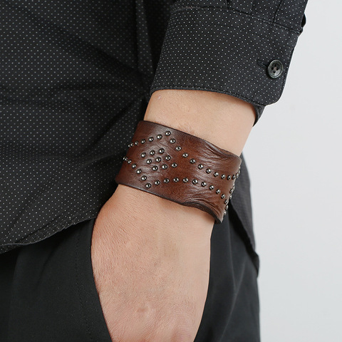 Nouveau Bracelet en cuir véritable marron pour hommes Vintage large réglable femmes Wrap Bracelets et bracelets pour hommes bijoux à la mode ► Photo 1/6