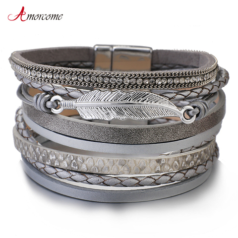 Bracelet Amorcome en métal plume en cuir véritable pour femmes bijoux mode multicouche bohème breloque large Bracelets et Bracelets ► Photo 1/6