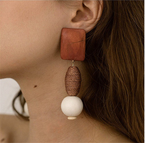 SexeMara-boule de chanvre en lin et rotin, nouvelle mode, couleurs frappées, en bois, longues boucles d'oreilles rondes pour femmes, bijoux de formes géométriques ► Photo 1/6