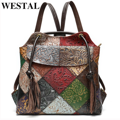 WESTAL – sac à dos floral en cuir véritable pour femme et adolescent, pour ordinateur portable, à la mode, pour l'école ► Photo 1/6