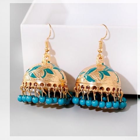 Boucles d'oreilles pour femmes, 4 couleurs ethniques, perles vertes ethniques, Jhumka turques, Vintage, feuille, bijoux indiens, cloche d'or, pendantes ► Photo 1/6