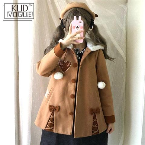 Harajuku Kawaii peluche à capuche japonais doux soeur mignon radis brodé femmes laine à capuche manteau hiver Bow doux veste ample ► Photo 1/6