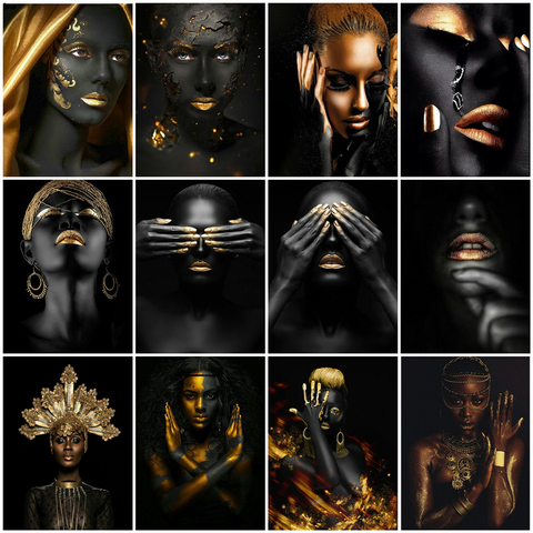 Gatyztoire – peinture à l'huile par numéros de femme africaine, noir et or, sur toile, images murales pour salon, cadeau moderne fait à la main ► Photo 1/6