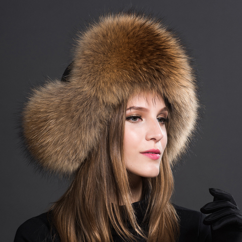 Chapeau d'hiver en vraie fourrure de raton laveur pour femmes, 100% vrai chapeau de bombardier en vraie fourrure de renard russe avec rabats d'oreille pour dames ► Photo 1/6