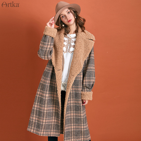 ARTKA 2022 hiver nouveau femmes manteau de laine rétro Plaid laine d'agneau chaud manteau de laine longue lâche revers Outwear pour les femmes FA10191D ► Photo 1/6