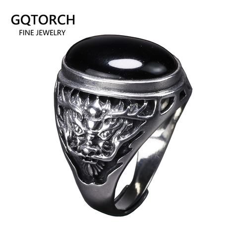 Bague en Onyx noir naturel pour hommes, bijoux Vintage, Dragon gravé, redimensionnable, argent Sterling 925 pur, Punk ► Photo 1/1