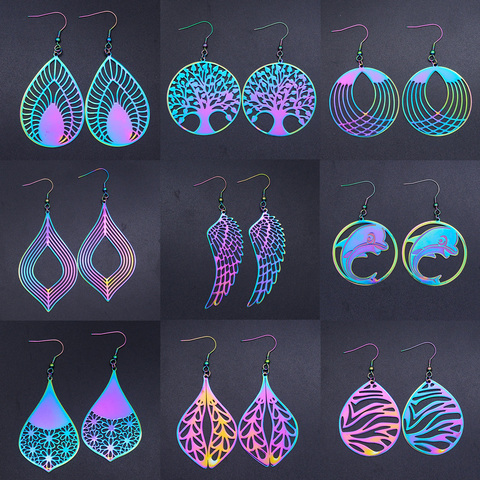 Boucles d'oreilles arc-en-ciel pour femmes, Unique, arbre de vie, goutte d'eau géométrique, ailes d'ange, livraison directe ► Photo 1/6