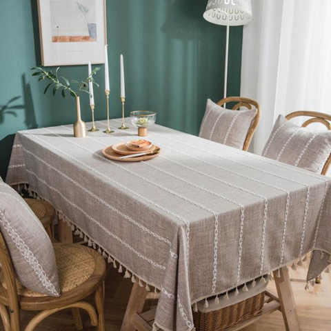 Nappe en lin de coton avec pompon et broderie, couleur marron, couverture de Table pour dîner, mariage, pique-nique, nappe pastorale ► Photo 1/6