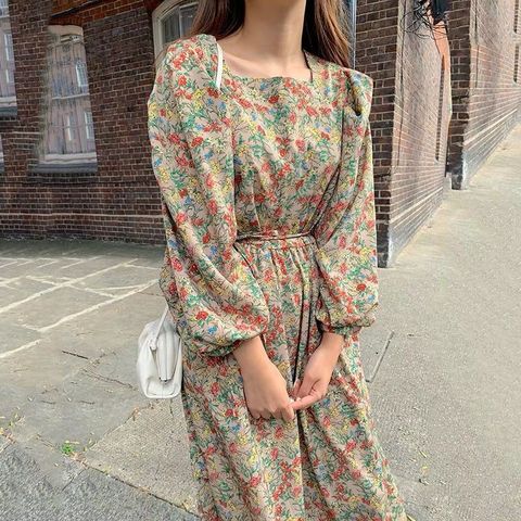Femmes printemps col carré à manches longues longues robes à fleurs élégant vintage taille haute robes à volants avec ceinture ► Photo 1/5