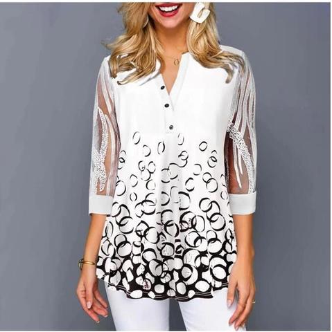 Grande taille 4xl 5XL chemise Blouse femme 2022 printemps été nouveaux hauts col en v demi manches dentelle épissure imprimer Boho femmes chemise ► Photo 1/6