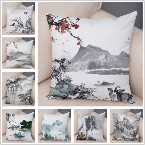 Housse de coussin en peluche courte, Super douce, encre chinoise, housse de coussin pour canapé, décoration de la maison, 45x45 cm ► Photo 1/6